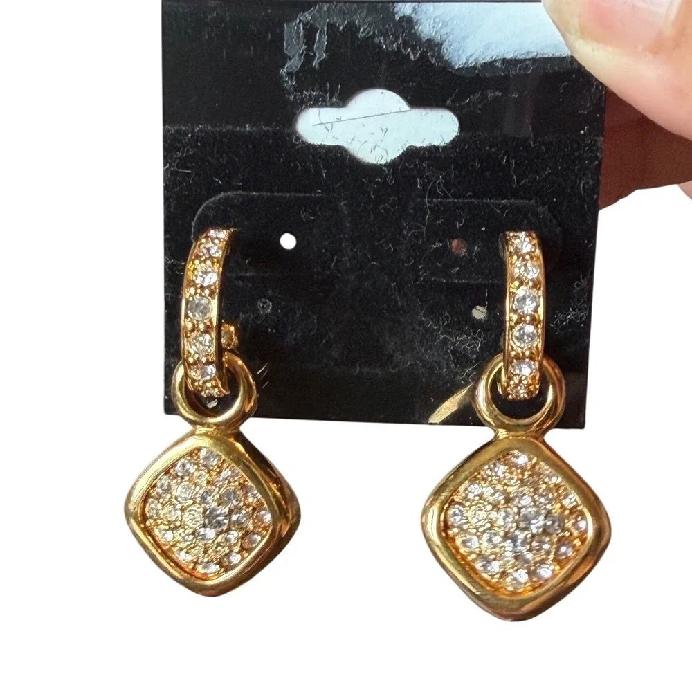 NEW Joan Rivers Gold Tone Pave Crystal Square Drop Hoop Earrings‎ Vintage Style